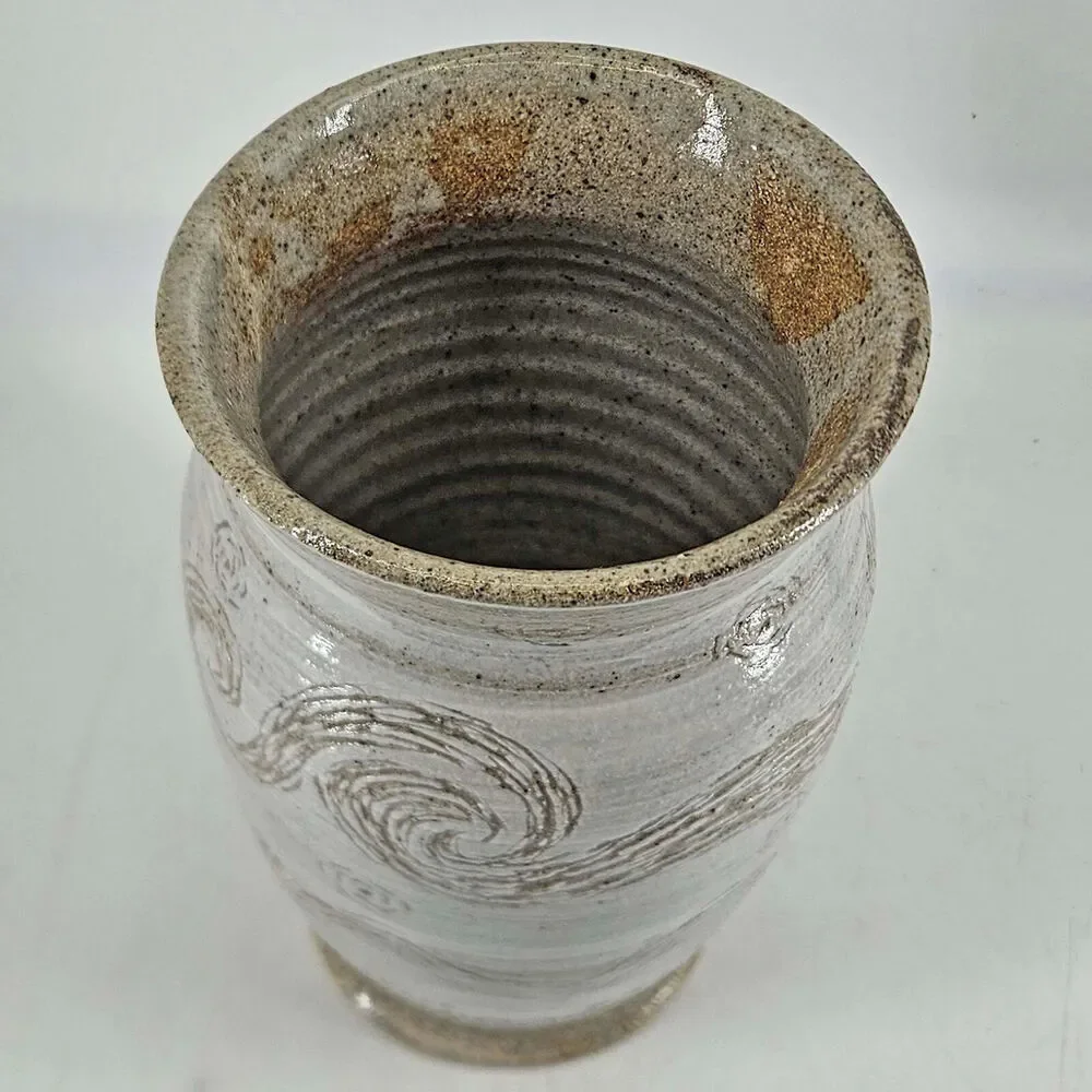 Hand made artist signed pottery folk art style vase fire smoke village scene